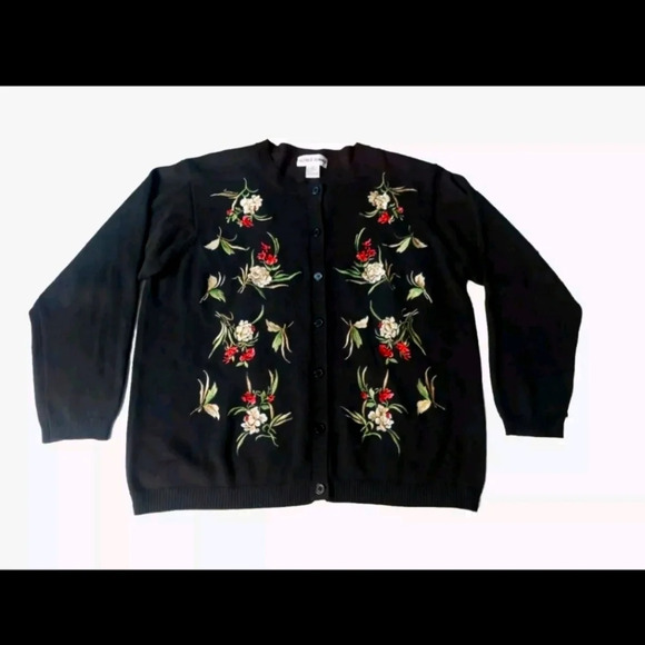 Vintage Alfred Dunner Black cardigan floral embroidery Cabincore - Picture 9 of 9
